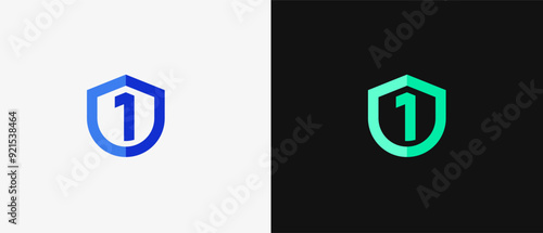 Logo number 1 and shield, tech, database, security, antivirus guard and defense. Modern and minimalisr iconic design. Editable file