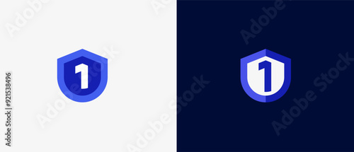 Logo number 1 and shield, tech, database, security, antivirus guard and defense. Modern and minimalisr iconic design. Editable file