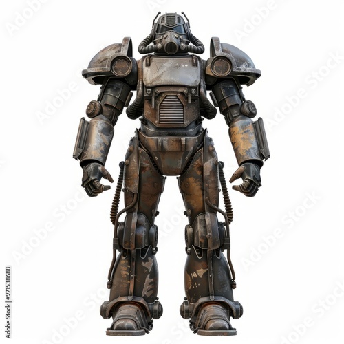 3D Render, Low Poly style of Vintage Power Armor Suit, on isolated white background