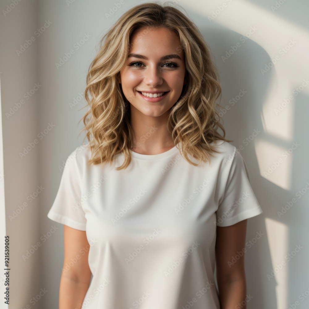 Delighted woman with wavy hair against vibrant minimalist setting Delighted woman with wavy hair against vibrant minimalist setting