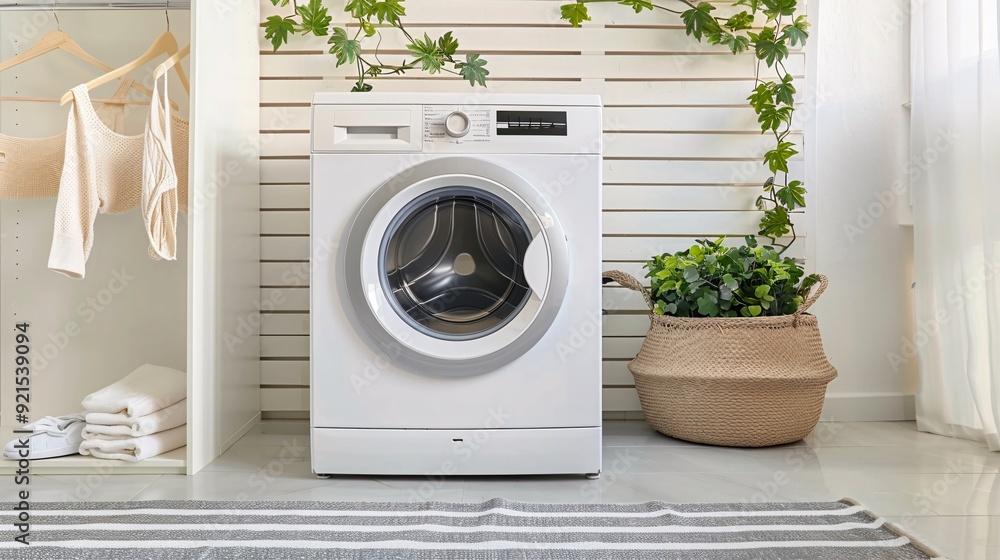 Crisp and clear photograph of a modern washing machine in a bright, airy laundry room with decorative greenery. With copy space for text Crisp and clear photograph of a modern washing machine in a bright, airy laundry room with decorative greenery. With copy space for text