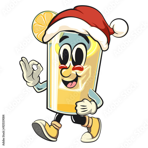 lemon ice cartoon character retro vector design walking while wearing a Santa hat calmly, work of hand drawn