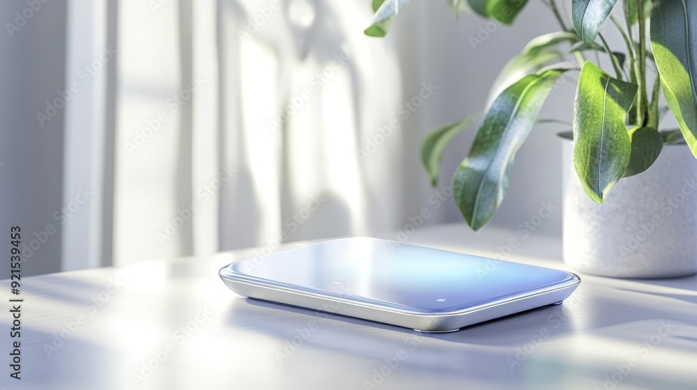 Modern Tech Device on White Table with Sunbeams Modern Tech Device on White Table with Sunbeams