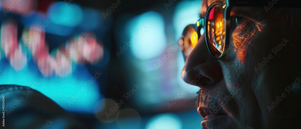Close-up of a person with glasses reflecting colorful screens, indicating focus and concentration in a modern, high-tech environment. Close-up of a person with glasses reflecting colorful screens, indicating focus and concentration in a modern, high-tech environment.