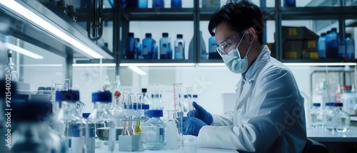 Scientist conducting research in a modern laboratory, surrounded by laboratory equipment and samples.