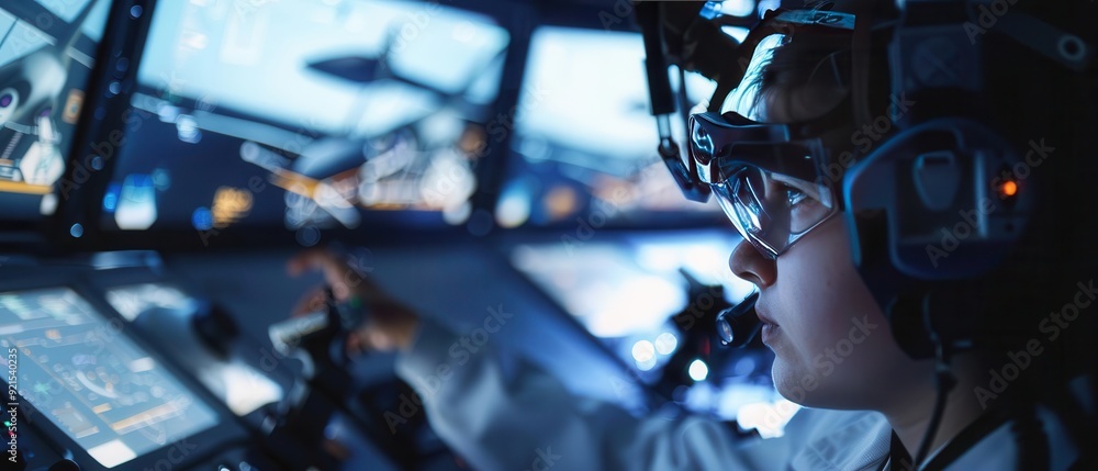 Fototapeta premium Focused technician in a futuristic control room operating advanced technology for simulation and research.