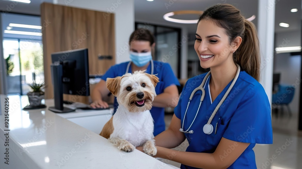 Veterinarian checking in a dog at the front desk. Veterinarian checking in a dog at the front desk.