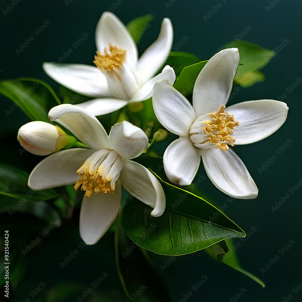 Orange tree flowers bunch closeup isolated on Green. Neroli blossom. White citrus tree bloom Orange tree flowers bunch closeup isolated on Green. Neroli blossom. White citrus tree bloom