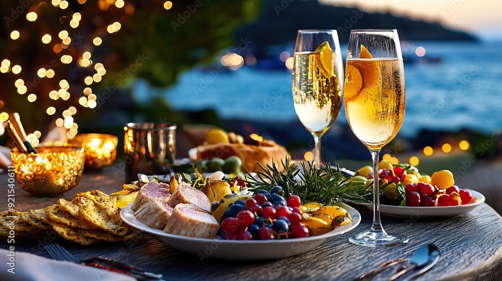 Romantic dinner table setting with champagne and appetizers at sunset. Romantic dinner table setting with champagne and appetizers at sunset.