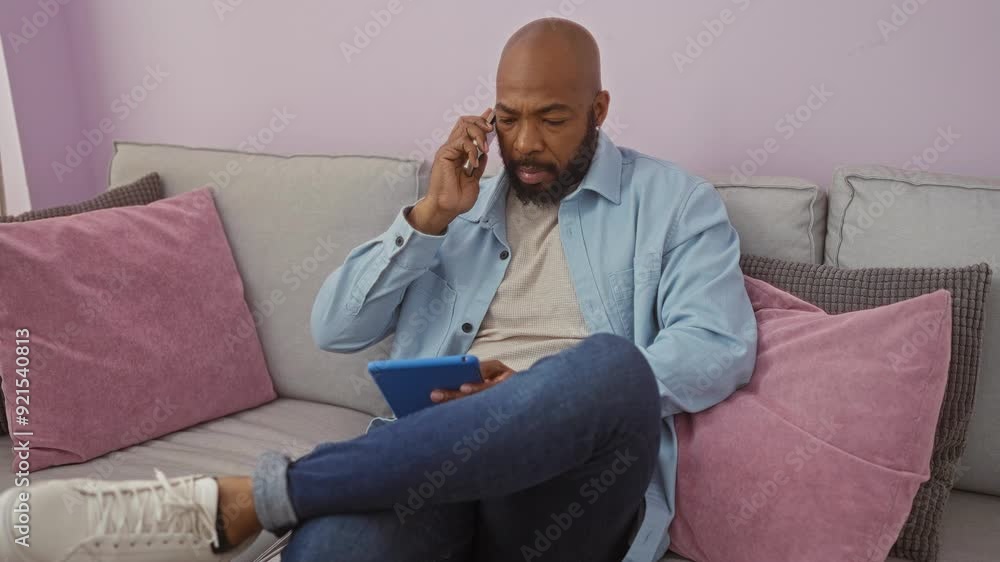 Young man lounging on a sofa in his living room, talking on a mobile phone and using a tablet, wearing casual clothes and surrounded by soft cushions in a cozy home interior Young man lounging on a sofa in his living room, talking on a mobile phone and using a tablet, wearing casual clothes and surrounded by soft cushions in a cozy home interior
