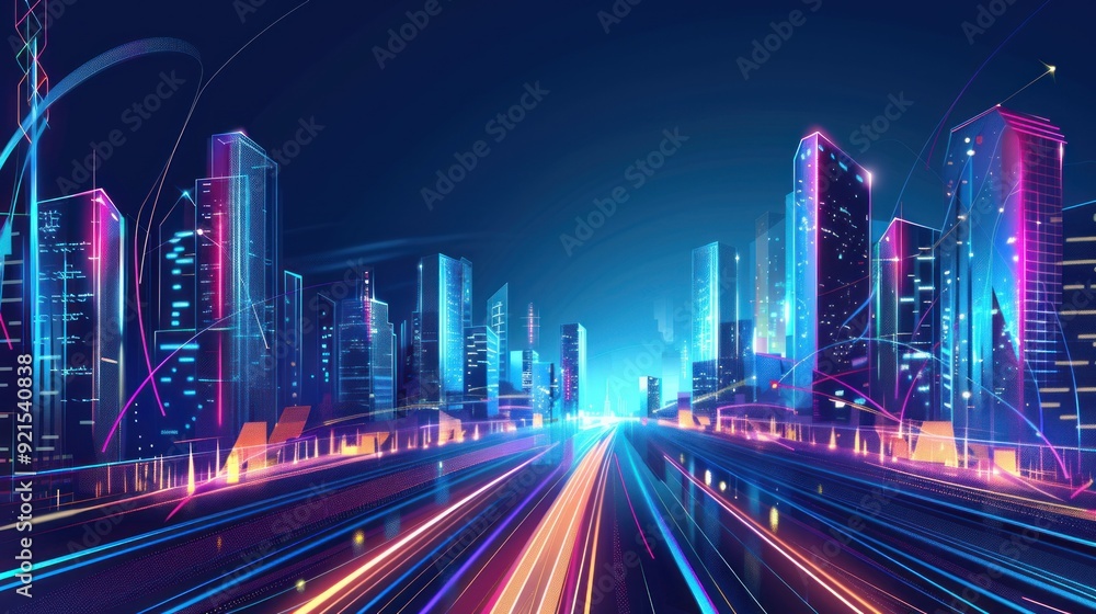 Obraz premium Neon Cityscape with Dynamic Lines