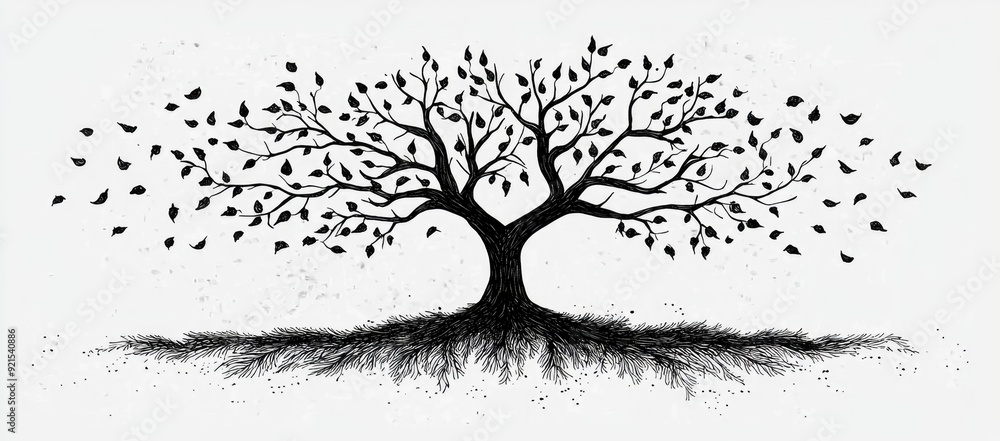 Black and White Tree Illustration with Roots and Blowing Leaves Black and White Tree Illustration with Roots and Blowing Leaves
