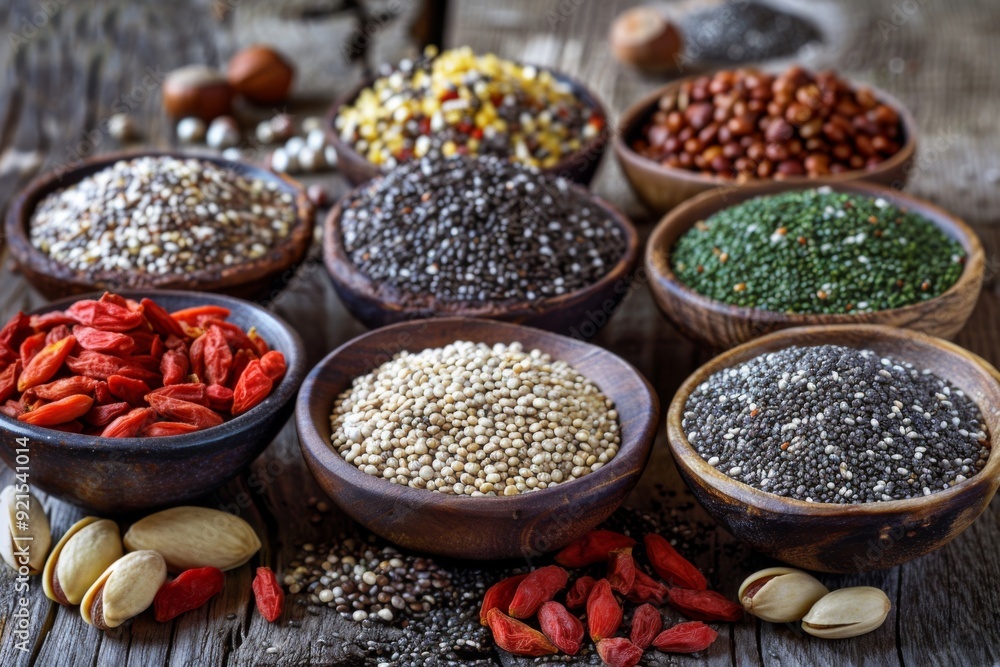 Assortment of superfoods in wooden bowls, including seeds and goji berries Assortment of superfoods in wooden bowls, including seeds and goji berries