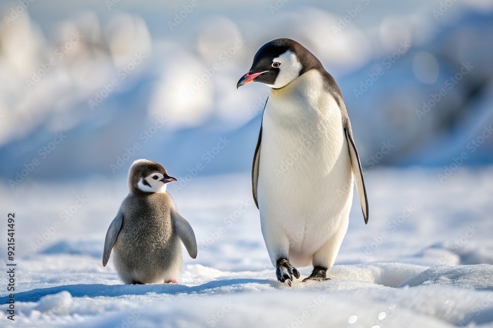 Fototapeta premium Tiny baby penguin takes first steps in Antarctic winter wonderland, waddling beside devoted parent, leaving miniature footprints in pristine snow, exuding innocent charm and warmth.