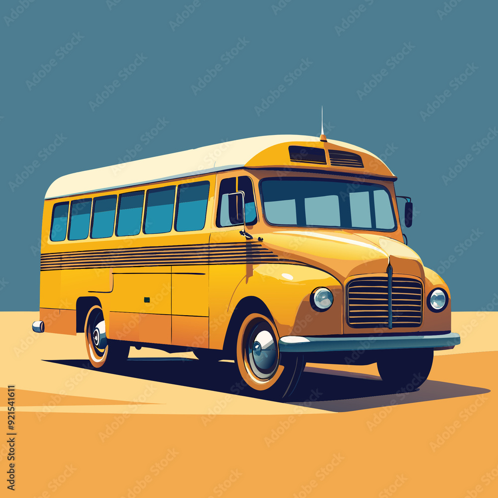 A classic yellow school bus with a retro design, parked in a simple background with minimal detailing and clean, vibrant colors A classic yellow school bus with a retro design, parked in a simple background with minimal detailing and clean, vibrant colors