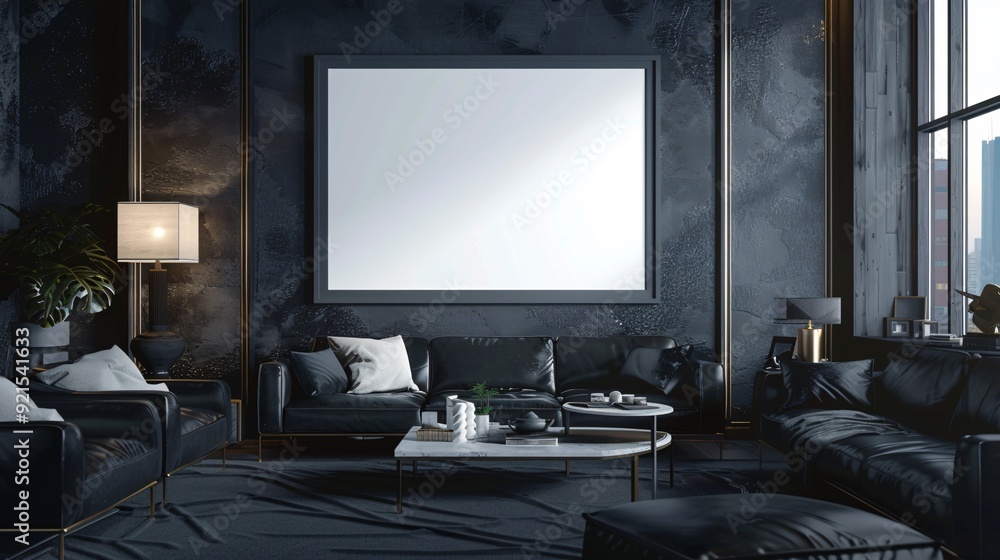 Ultra-clear image of a frame mockup in a contemporary dark home, highlighting sleek and stylish furnishings. With copy space for text Ultra-clear image of a frame mockup in a contemporary dark home, highlighting sleek and stylish furnishings. With copy space for text