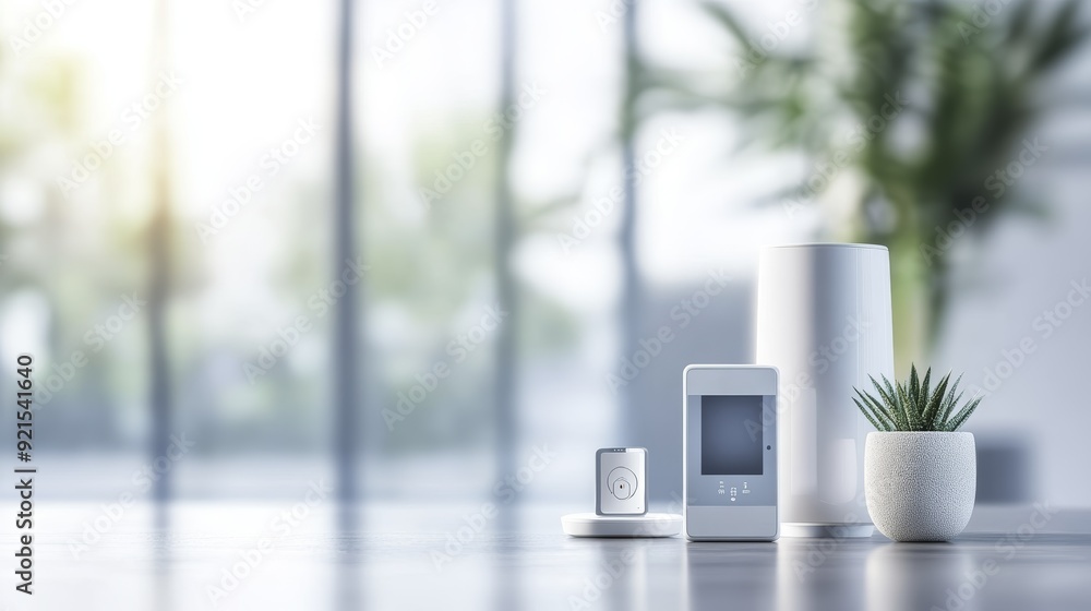 Smart Home Devices on Table with Plant & Blurred Background Smart Home Devices on Table with Plant & Blurred Background
