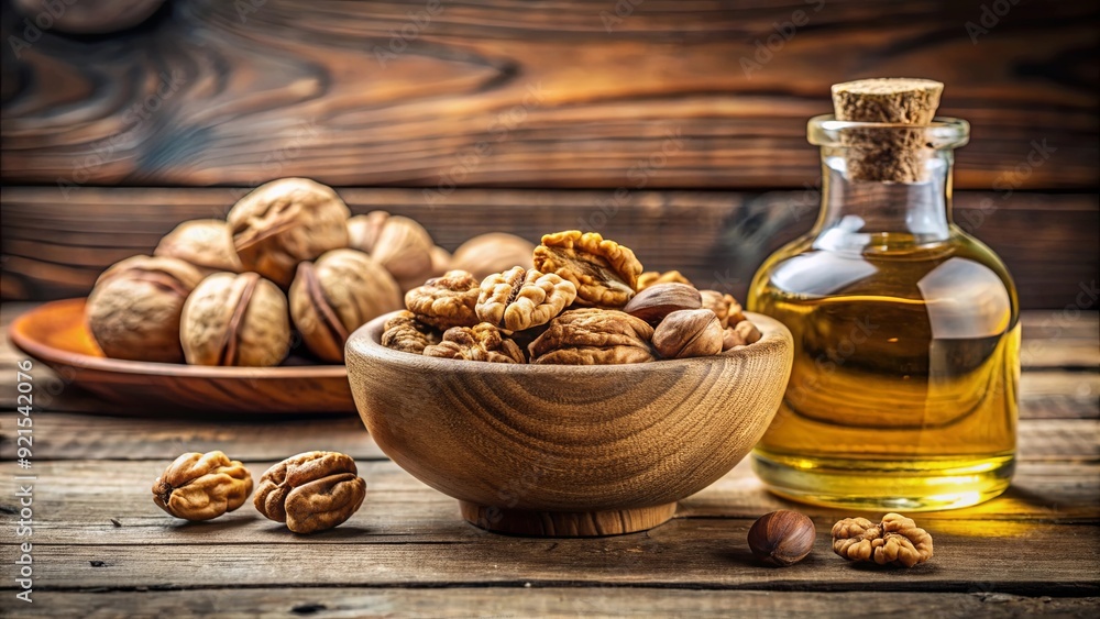 Wooden bowl filled with walnuts and a bottle of essential nut oil on a rustic kitchen table, walnuts, wooden bowl Wooden bowl filled with walnuts and a bottle of essential nut oil on a rustic kitchen table, walnuts, wooden bowl