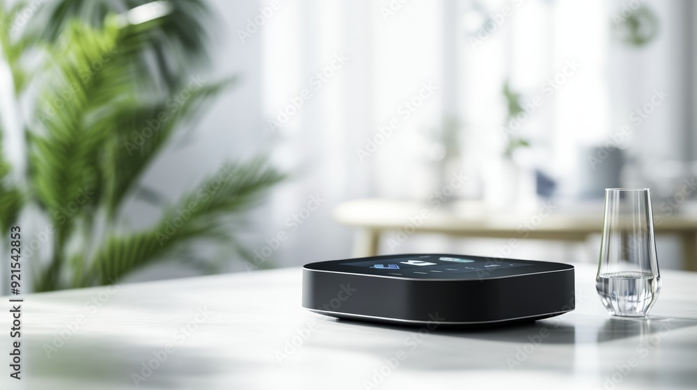 Smart Home Speaker on White Table with Glass of Water Smart Home Speaker on White Table with Glass of Water