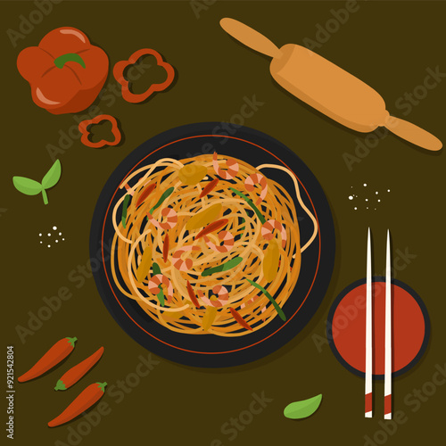 Chow mein Chinese Noodle with shirp seafood vector illustration 