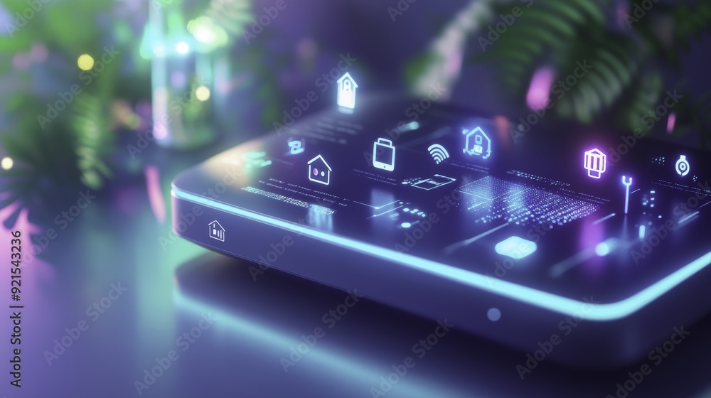 Smart Home Technology Device with Glowing Icons Smart Home Technology Device with Glowing Icons