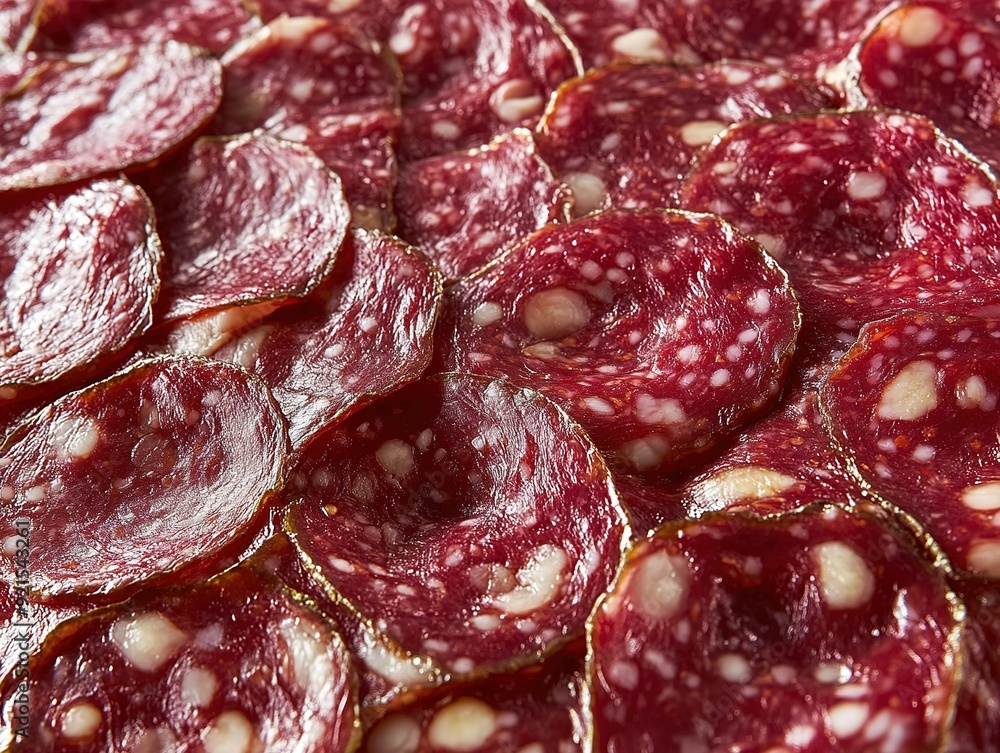 Delicious Handcrafted Salami Slices Close-up on Dark Background, Rich Texture and Mouthwatering Details Highlighted, Gourmet Sausages for Food Enthusiasts Delicious Handcrafted Salami Slices Close-up on Dark Background, Rich Texture and Mouthwatering Details Highlighted, Gourmet Sausages for Food Enthusiasts