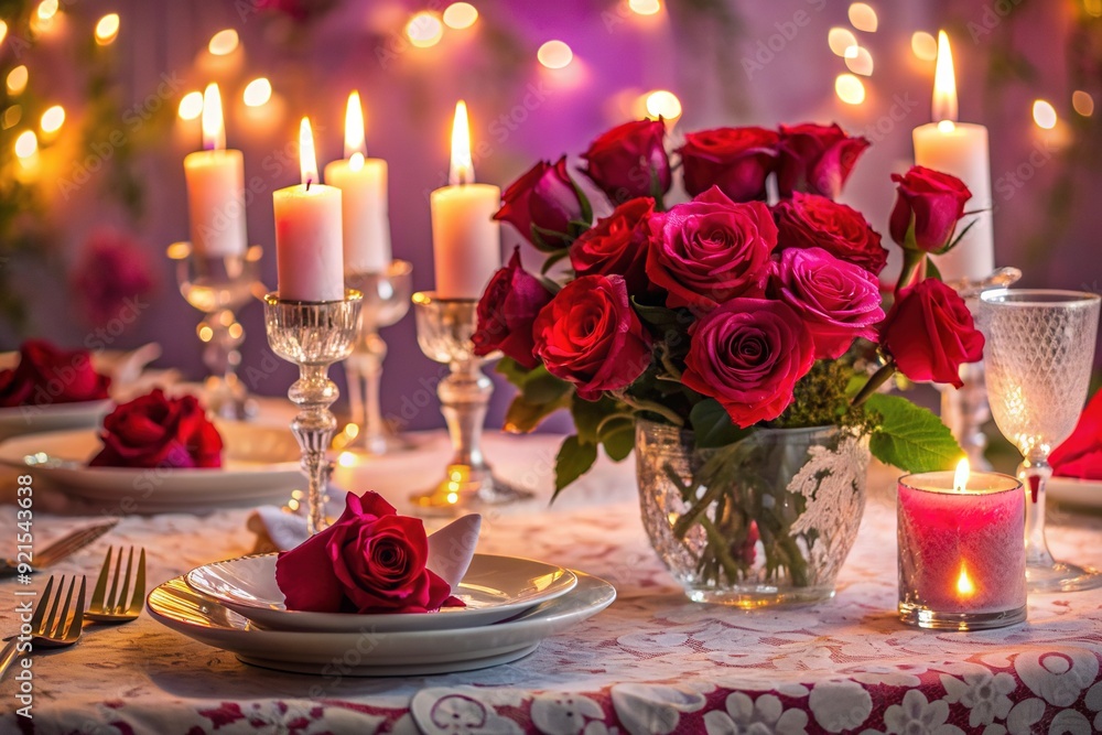 Elegant Valentine's Day dinner setting with red roses, candles, and fine china on a lace tablecloth, surrounded by soft purple and pink hues. Elegant Valentine's Day dinner setting with red roses, candles, and fine china on a lace tablecloth, surrounded by soft purple and pink hues.