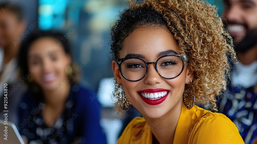 Smiling man in a yellow sweater in a business meeting.