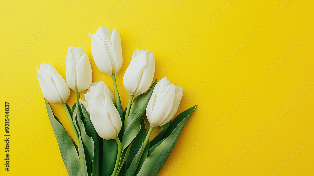 Happy Mother's Day. Women's Day. Happy Wedding. Greeting Card. Yellow background with a tulip border on the right side. Bouquet of tulips on yellow background. Copy space area for text Happy Mother's Day. Women's Day. Happy Wedding. Greeting Card. Yellow background with a tulip border on the right side. Bouquet of tulips on yellow background. Copy space area for text
