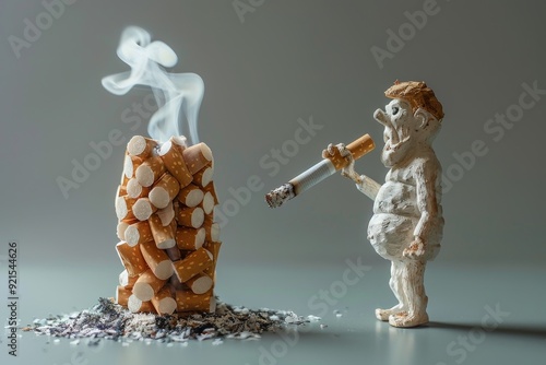 Whimsical interaction between two figures building a sandcastle from cigarettes critiquing the foundation of addictive behaviors