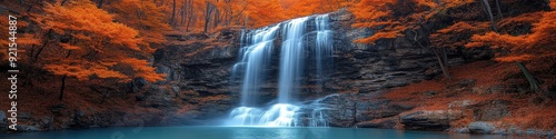 Scenic autumn waterfall cascading into turquoise pool, surrounded by vibrant orange foliage in tranquil forest landscape