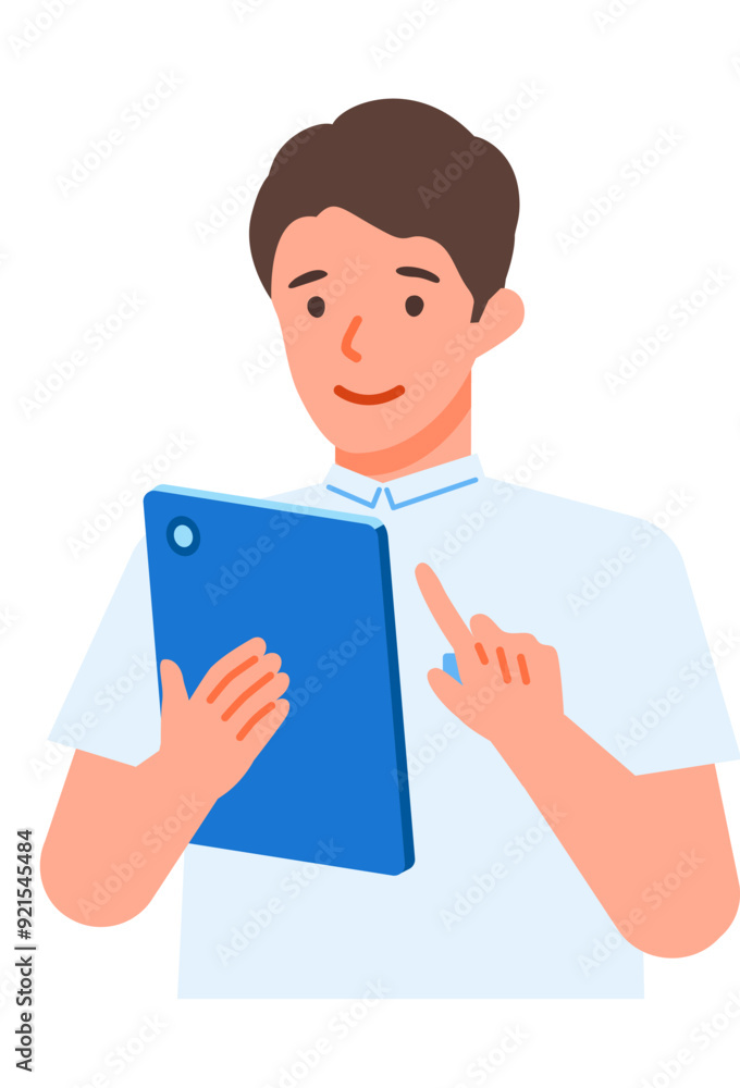 Working man. Concept for Problem Solving. Man cartoon character. People face profiles avatars and icons. Close up image of tablet man. Working man. Concept for Problem Solving. Man cartoon character. People face profiles avatars and icons. Close up image of tablet man.