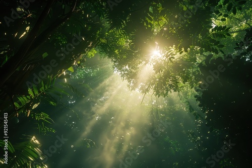 Sunlight Beams Through Dense Green Foliage in a Lush Rainforest Canopy