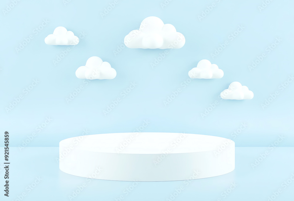White pedestal display with cloud shapes. Podium over blue pastel background for products promotion mockup White pedestal display with cloud shapes. Podium over blue pastel background for products promotion mockup