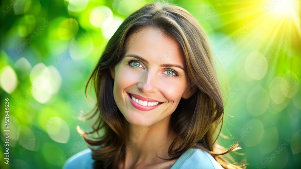 Vibrant green background complements a smiling woman's radiant expression, her bright eyes and gentle features illuminated by soft, natural light in a stunning portrait. Vibrant green background complements a smiling woman's radiant expression, her bright eyes and gentle features illuminated by soft, natural light in a stunning portrait.