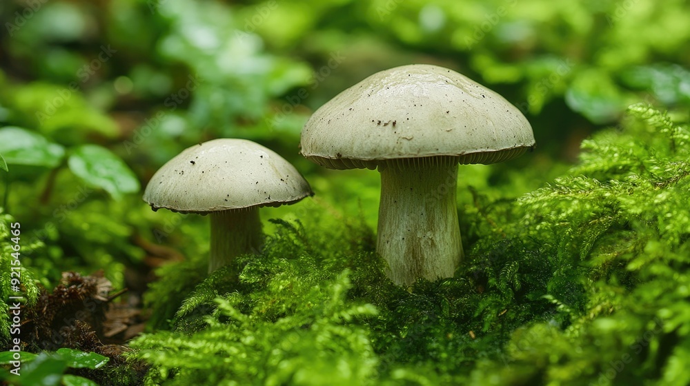 A detailed shot of two mushrooms surrounded by lush green moss, illustrating the delicate balance of nature and the role of fungi in the forest ecosystem. A detailed shot of two mushrooms surrounded by lush green moss, illustrating the delicate balance of nature and the role of fungi in the forest ecosystem.
