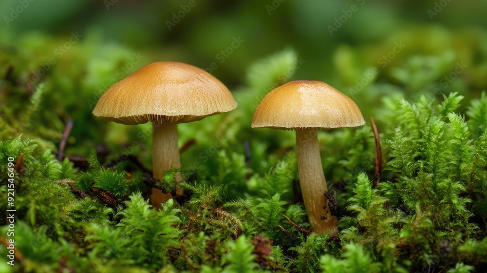 A detailed shot of two mushrooms surrounded by lush green moss, illustrating the delicate balance of nature and the role of fungi in the forest ecosystem. A detailed shot of two mushrooms surrounded by lush green moss, illustrating the delicate balance of nature and the role of fungi in the forest ecosystem.