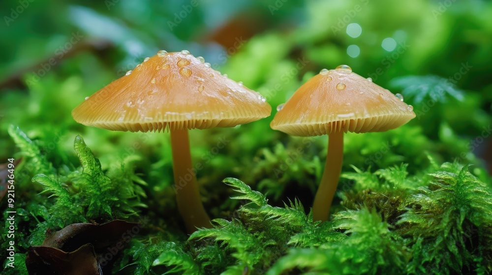 A detailed shot of two mushrooms surrounded by lush green moss, illustrating the delicate balance of nature and the role of fungi in the forest ecosystem. A detailed shot of two mushrooms surrounded by lush green moss, illustrating the delicate balance of nature and the role of fungi in the forest ecosystem.