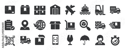 Logistic glyph solid icons collection. Containing content delivery, shipping, cargo, distribution. Minimal icon and symbol series vector illustration