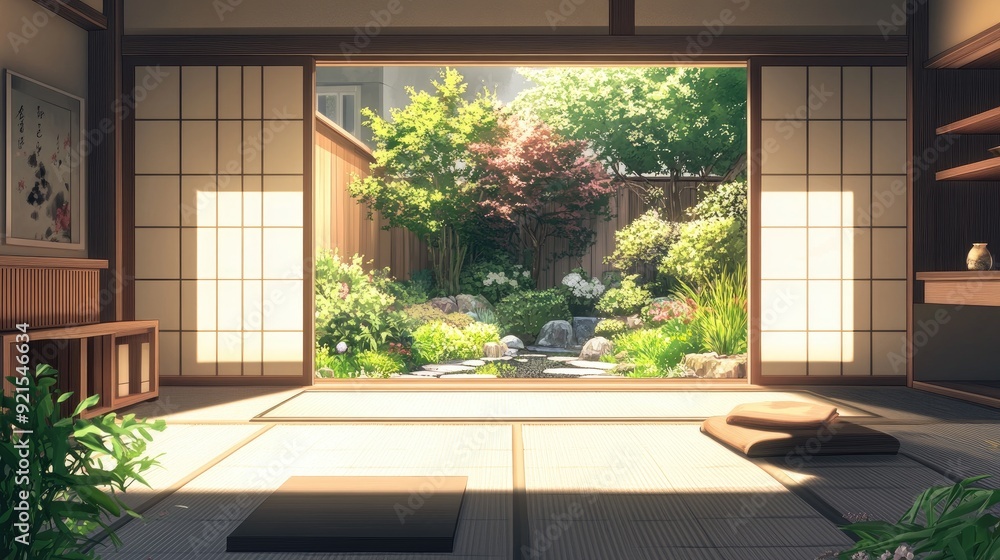 A Japanese-style room with simple wooden furniture, a tatami mat, and a sliding door opening to a tranquil garden, bathed in calming, natural light. A Japanese-style room with simple wooden furniture, a tatami mat, and a sliding door opening to a tranquil garden, bathed in calming, natural light.