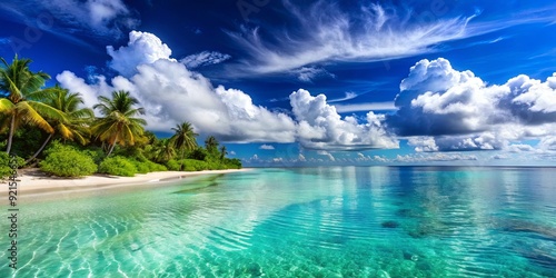 Stunning tropical beach scene with azure sky and crystal clear waters reflecting clouds, beach, tropical, coastline