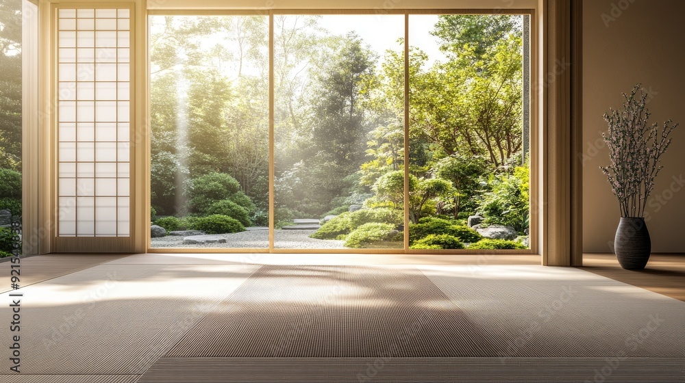 A minimalist Japanese-style room with a tatami mat floor, large windows framing a lush garden, and soft natural light creating a serene and peaceful ambiance. A minimalist Japanese-style room with a tatami mat floor, large windows framing a lush garden, and soft natural light creating a serene and peaceful ambiance.