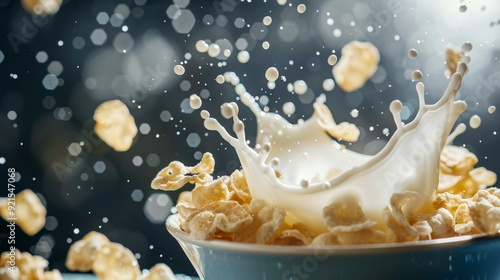 Dynamic splash of milk in a bowl of cornflakes, well-lit