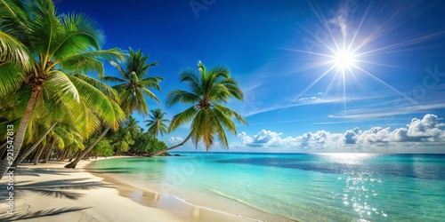 Tropical beach with palm trees, clear blue water, and sun shining on the sand, ideal summer vacation spot, Paradise
