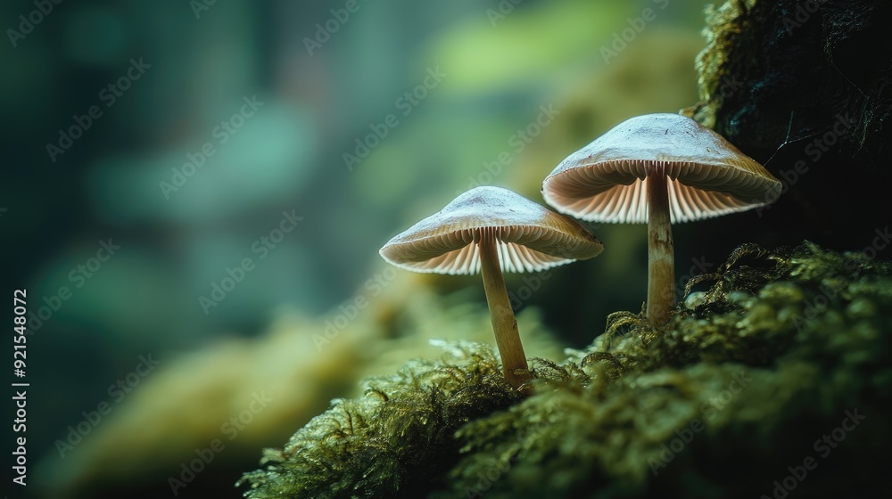 Close-up of two mushrooms growing in the mossy forest floor, with rich textures and soft lighting highlighting the natural beauty of their surroundings. Close-up of two mushrooms growing in the mossy forest floor, with rich textures and soft lighting highlighting the natural beauty of their surroundings.