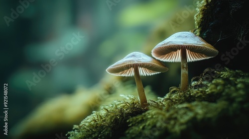 Close-up of two mushrooms growing in the mossy forest floor, with rich textures and soft lighting highlighting the natural beauty of their surroundings.