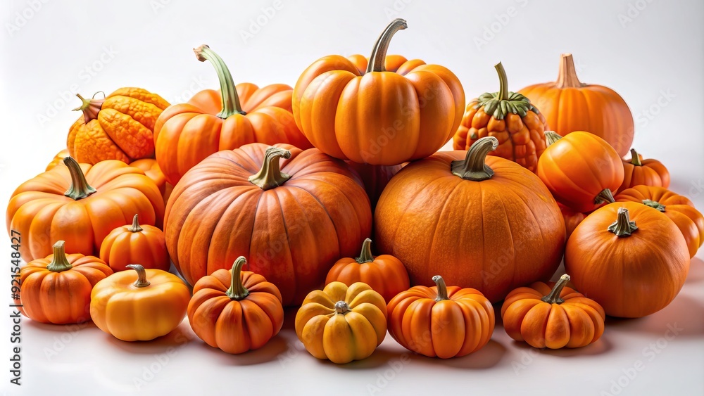 Vibrant orange pumpkins of various sizes and shapes scattered on a clean white background, evoking a sense of autumnal simplicity and seasonal elegance. Vibrant orange pumpkins of various sizes and shapes scattered on a clean white background, evoking a sense of autumnal simplicity and seasonal elegance.