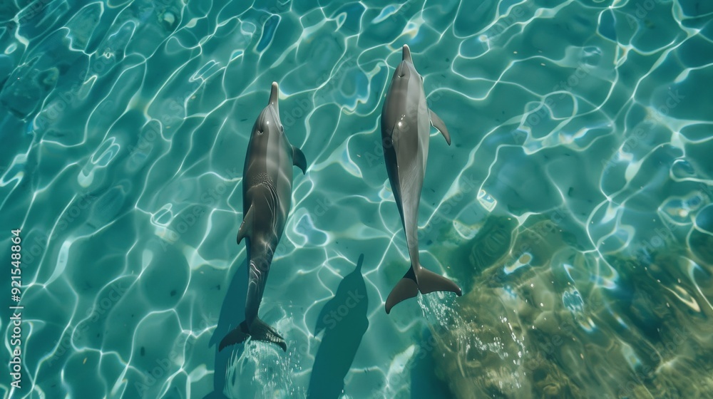 Fototapeta premium A pair of dolphins swimming in sync in the crystal-clear sea