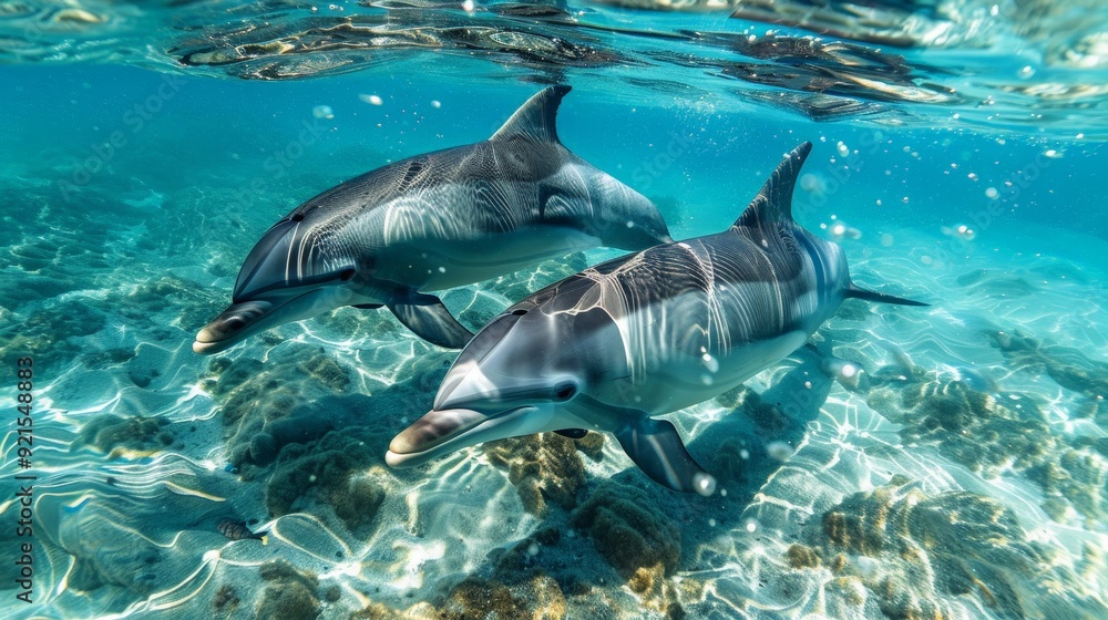Fototapeta premium A pair of dolphins swimming in sync in the crystal-clear sea
