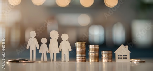 A pile of coins and wooden figures of a family by AI generated image